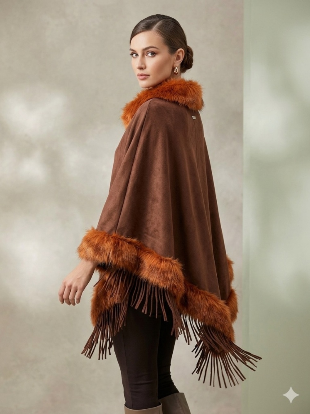 NWT Fall Bliss Red Knit Sweater Cape With Faux Fur And Tassels with Branded Tag